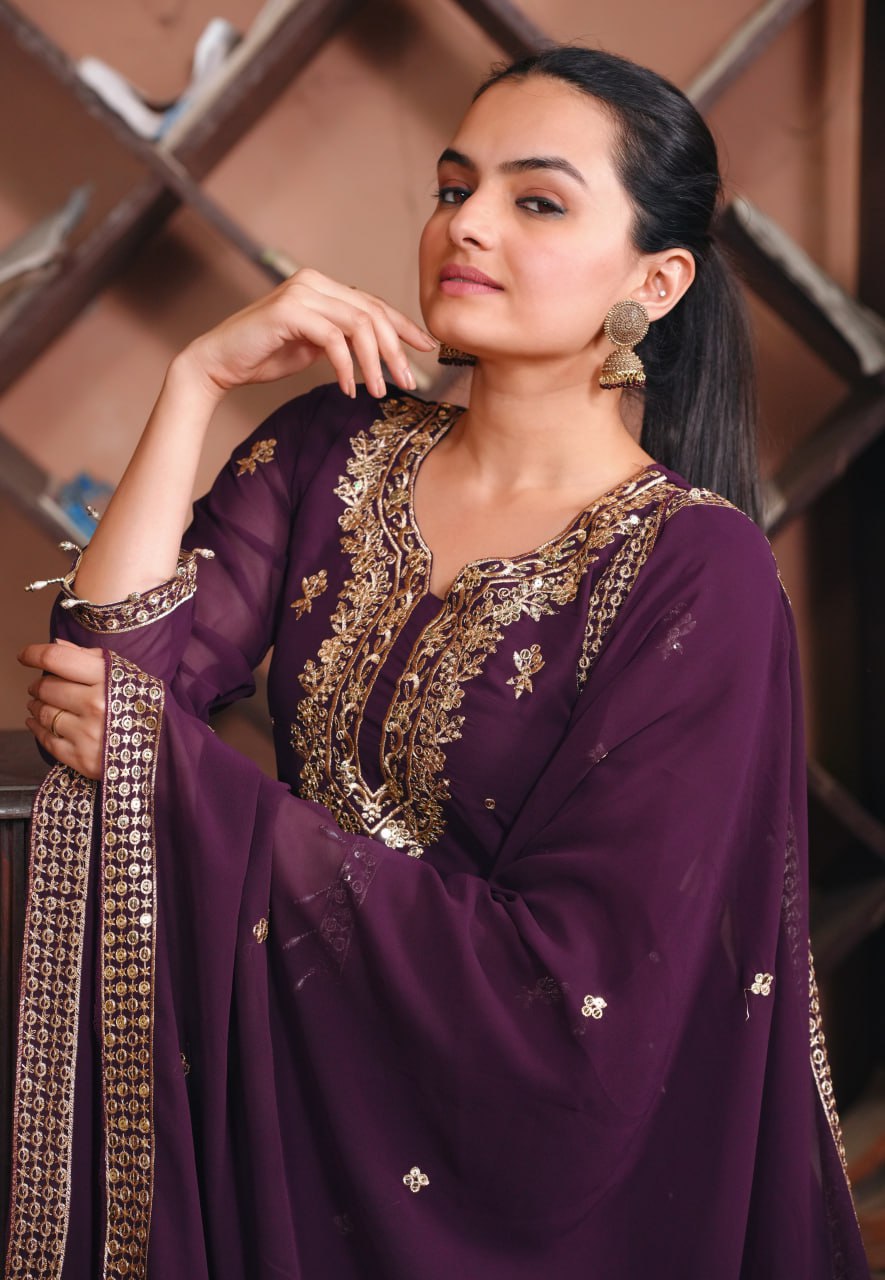 Dark Purple Fox Georgette Salwar Suit with Sequence Work