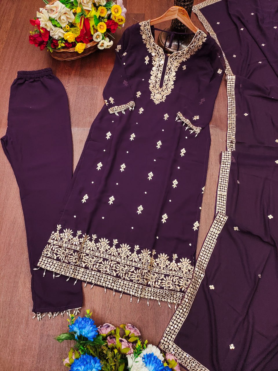Dark Purple Fox Georgette Salwar Suit with Sequence Work
