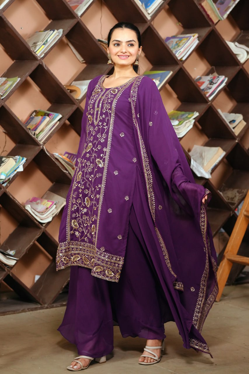 Purple Georgette Sequence Embroidered Sharara Suit with Dupatta