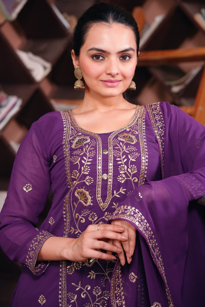 Purple Georgette Sequence Embroidered Sharara Suit with Dupatta