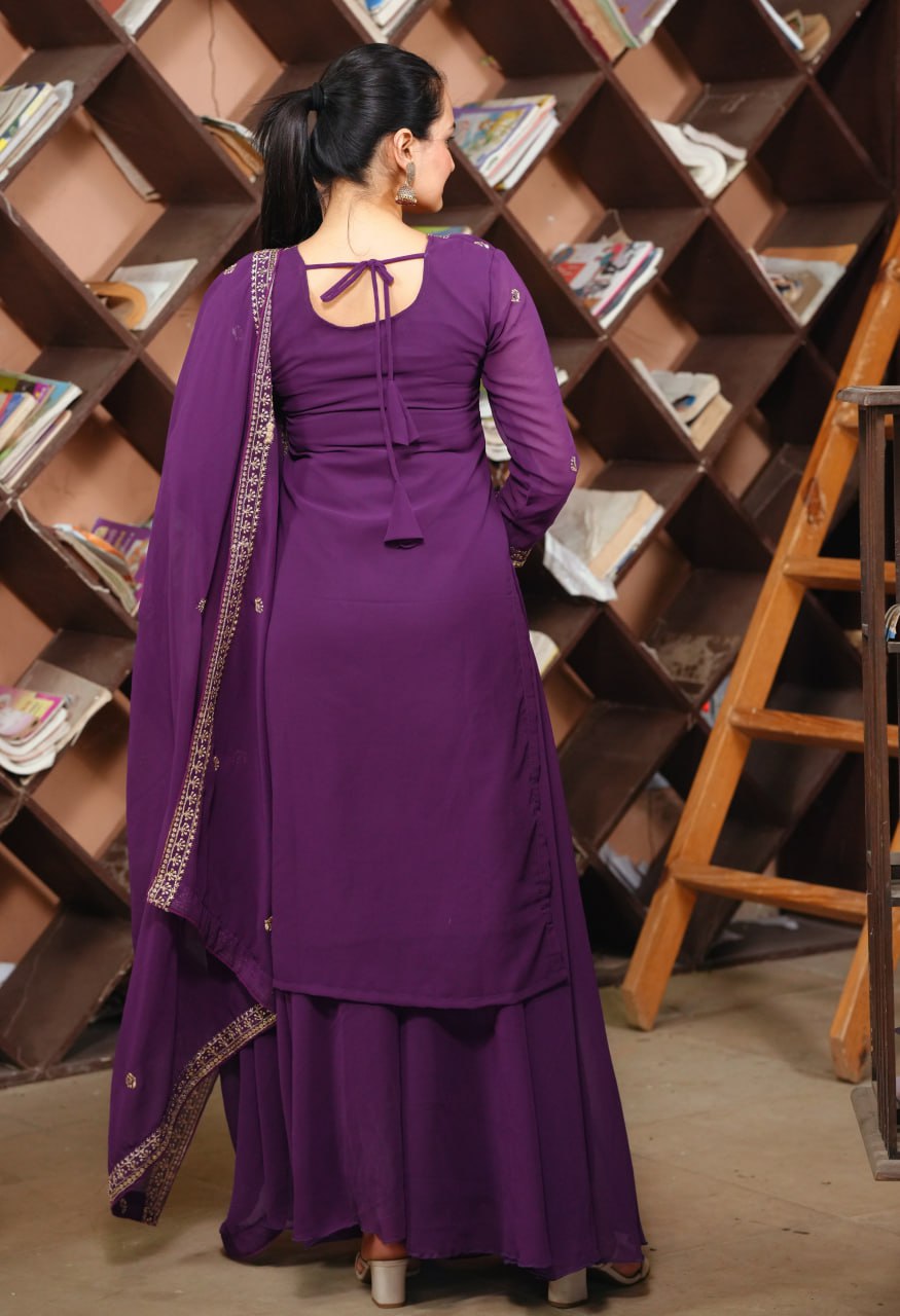 Purple Georgette Sequence Embroidered Sharara Suit with Dupatta