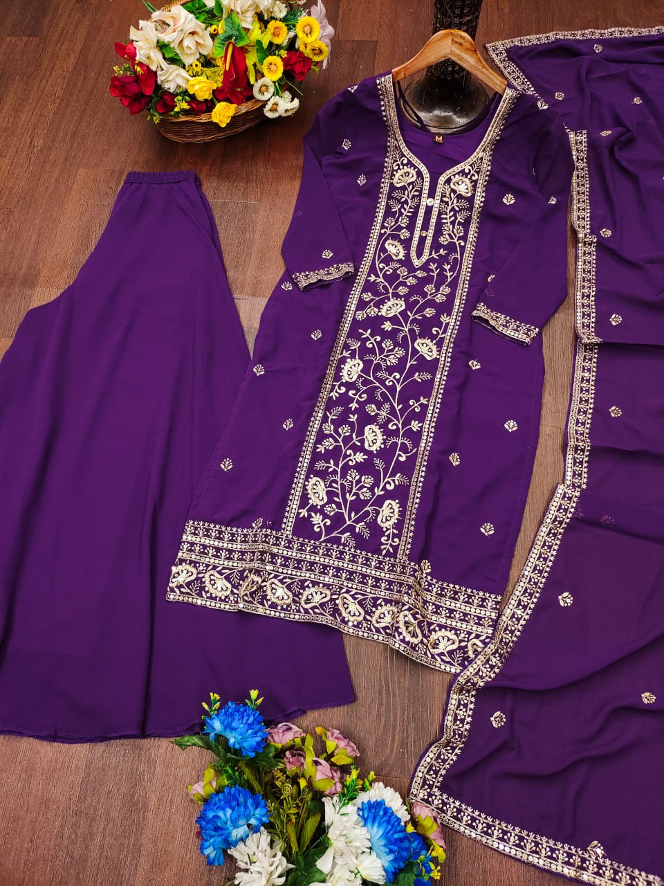 Purple Georgette Sequence Embroidered Sharara Suit with Dupatta