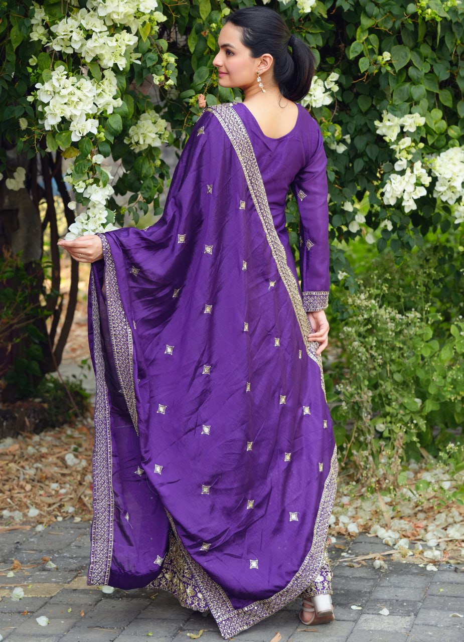 Prazu Fashion Violet Chinon Silk Sequence Embroidered Sharara Suit