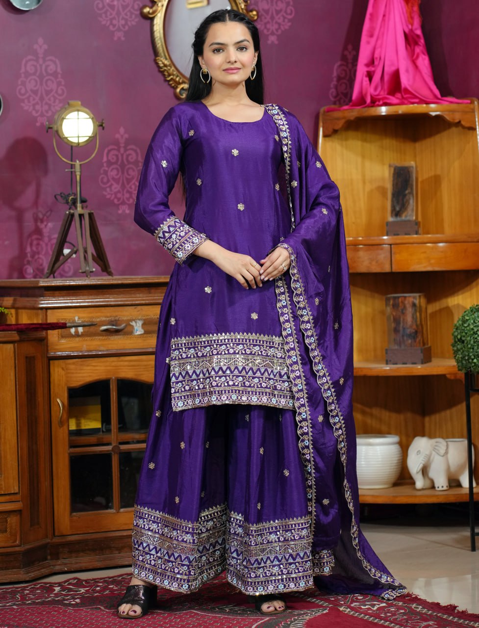 Violet Chinon Silk Sequence Embroidered Sharara Suit Set