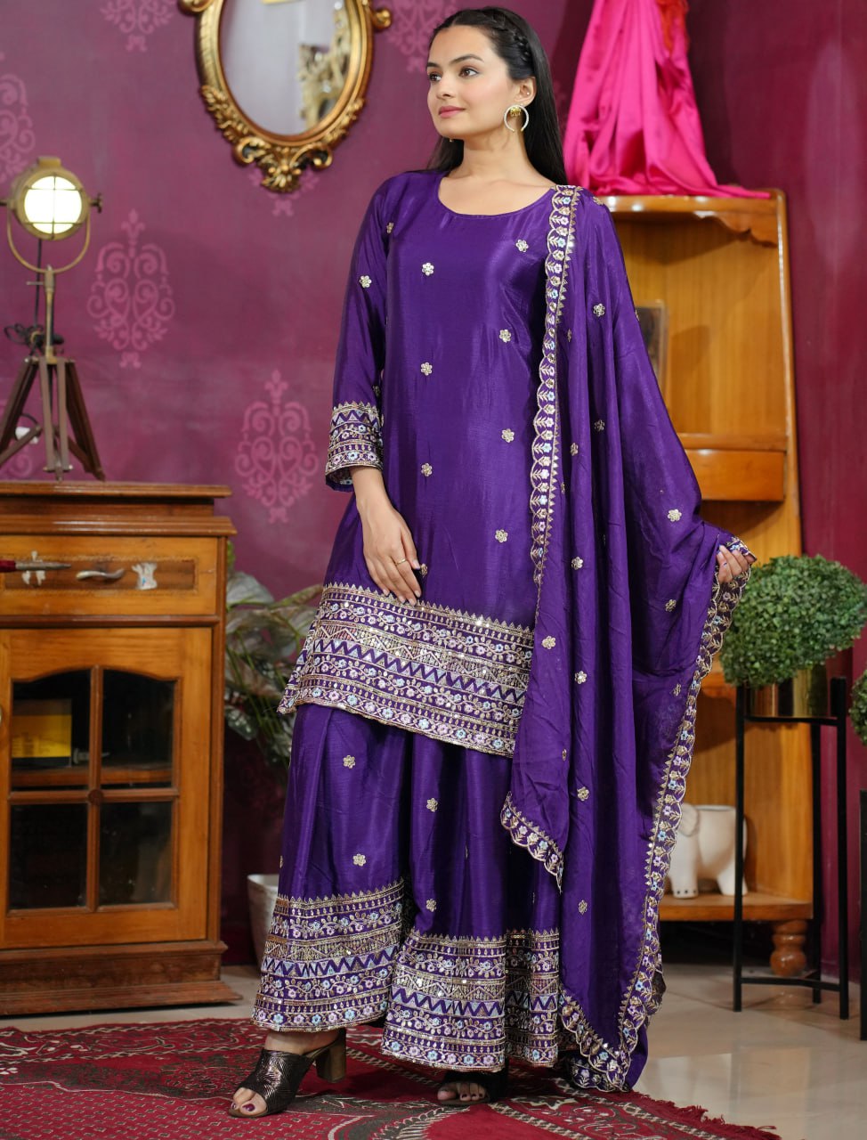 Violet Chinon Silk Sequence Embroidered Sharara Suit Set