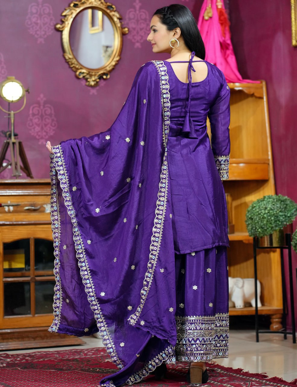 Violet Chinon Silk Sequence Embroidered Sharara Suit Set