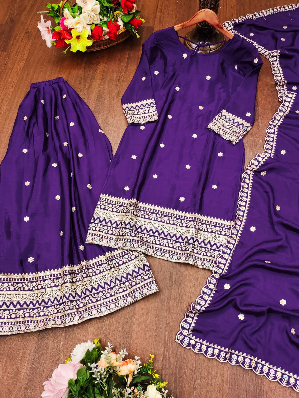 Violet Chinon Silk Sequence Embroidered Sharara Suit Set