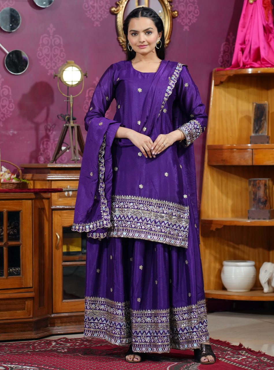 Violet Chinon silk sharara suit with detailed sequence embroidery and flared bottoms