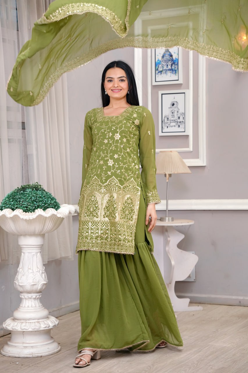 Mehendi Green Georgette Sharara Suit with Floral Embroidery