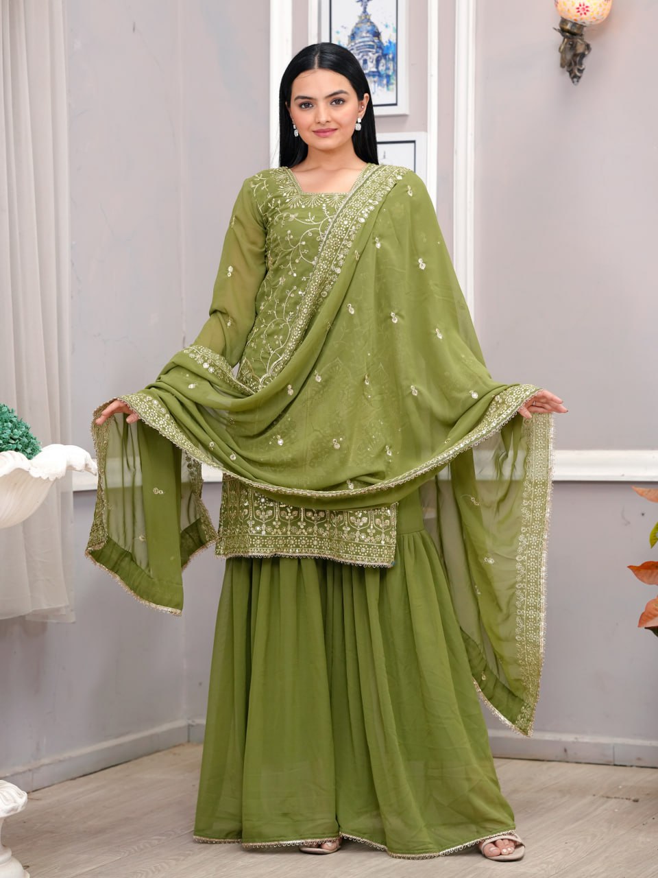 Mehendi Green Georgette Sharara Suit with Floral Embroidery