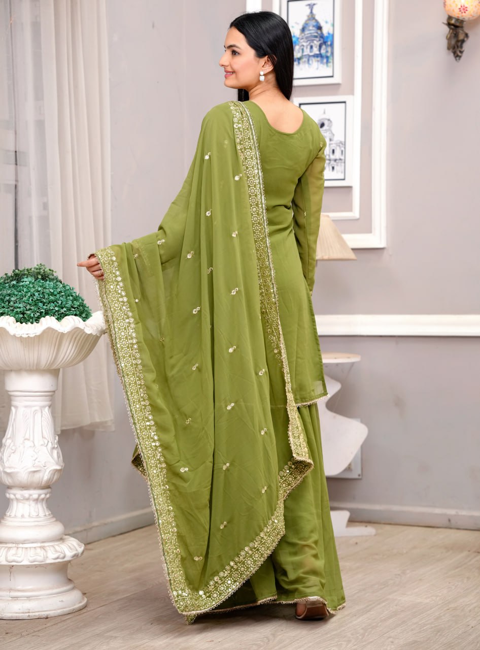 Mehendi Green Georgette Sharara Suit with Floral Embroidery