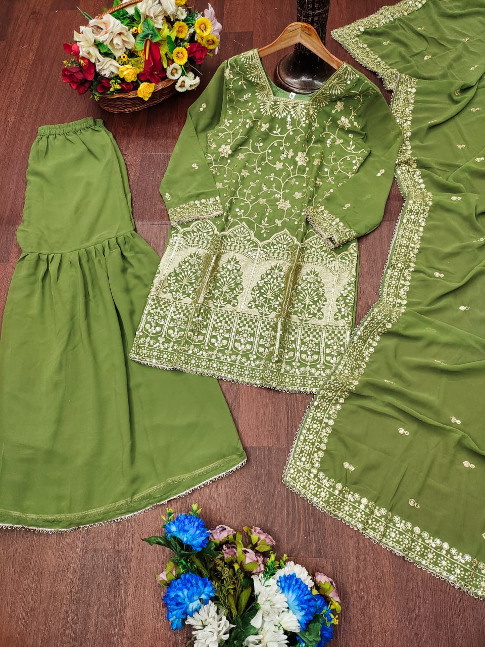 Mehendi Green Georgette Sharara Suit with Floral Embroidery