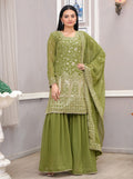 Mehendi green georgette sharara suit with floral sequence embroidery