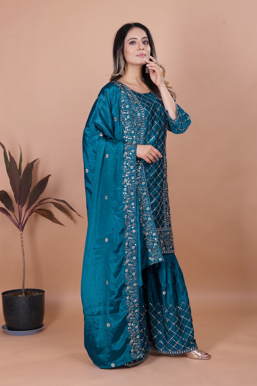 Aqua Blue Chinon Silk Sequence Embroidered Sharara Suit Set