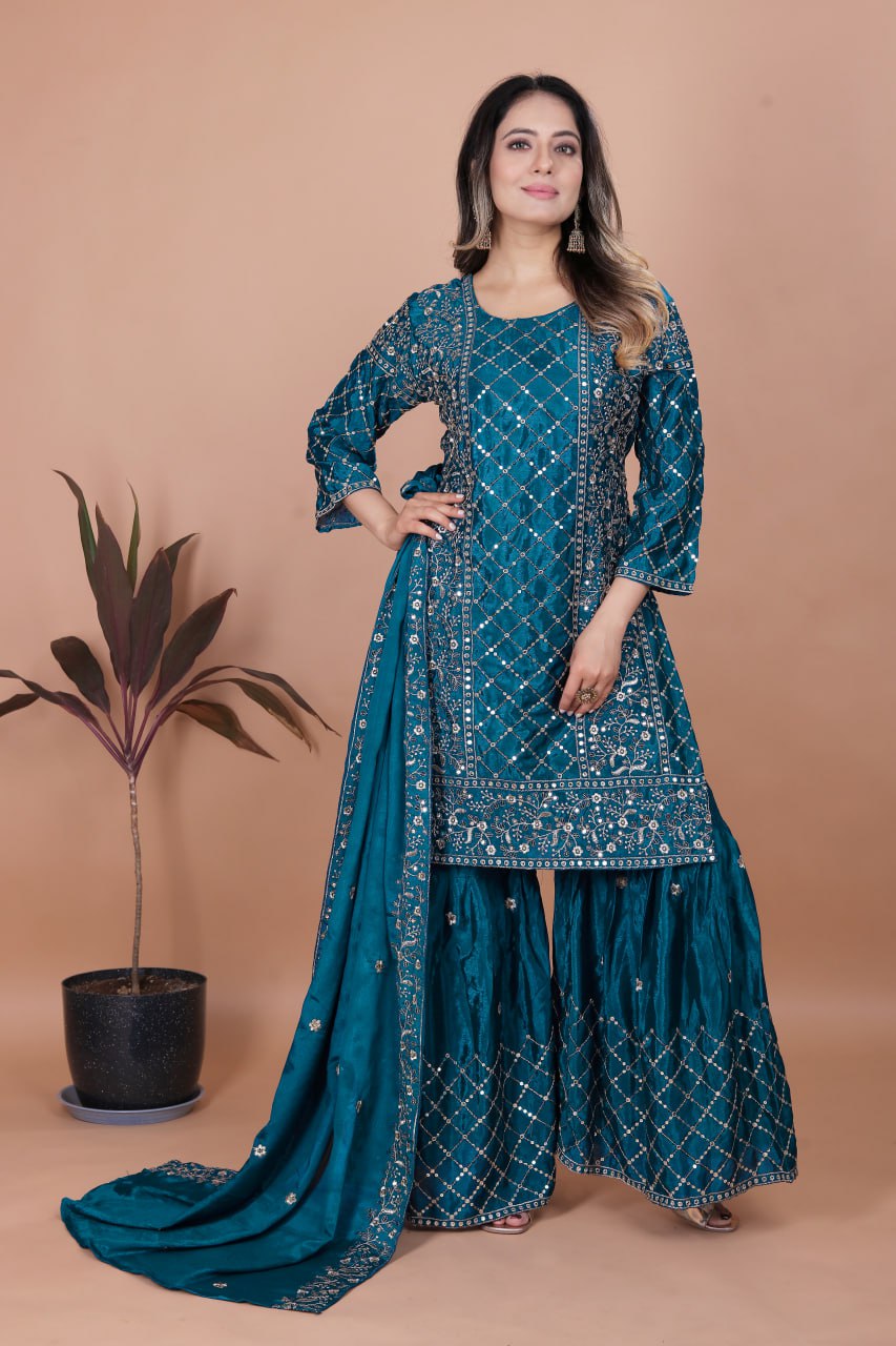 Aqua Blue Chinon Silk Sequence Embroidered Sharara Suit Set