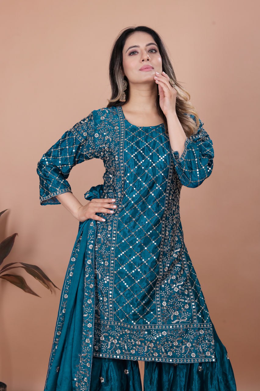 Aqua Blue Chinon Silk Sequence Embroidered Sharara Suit Set