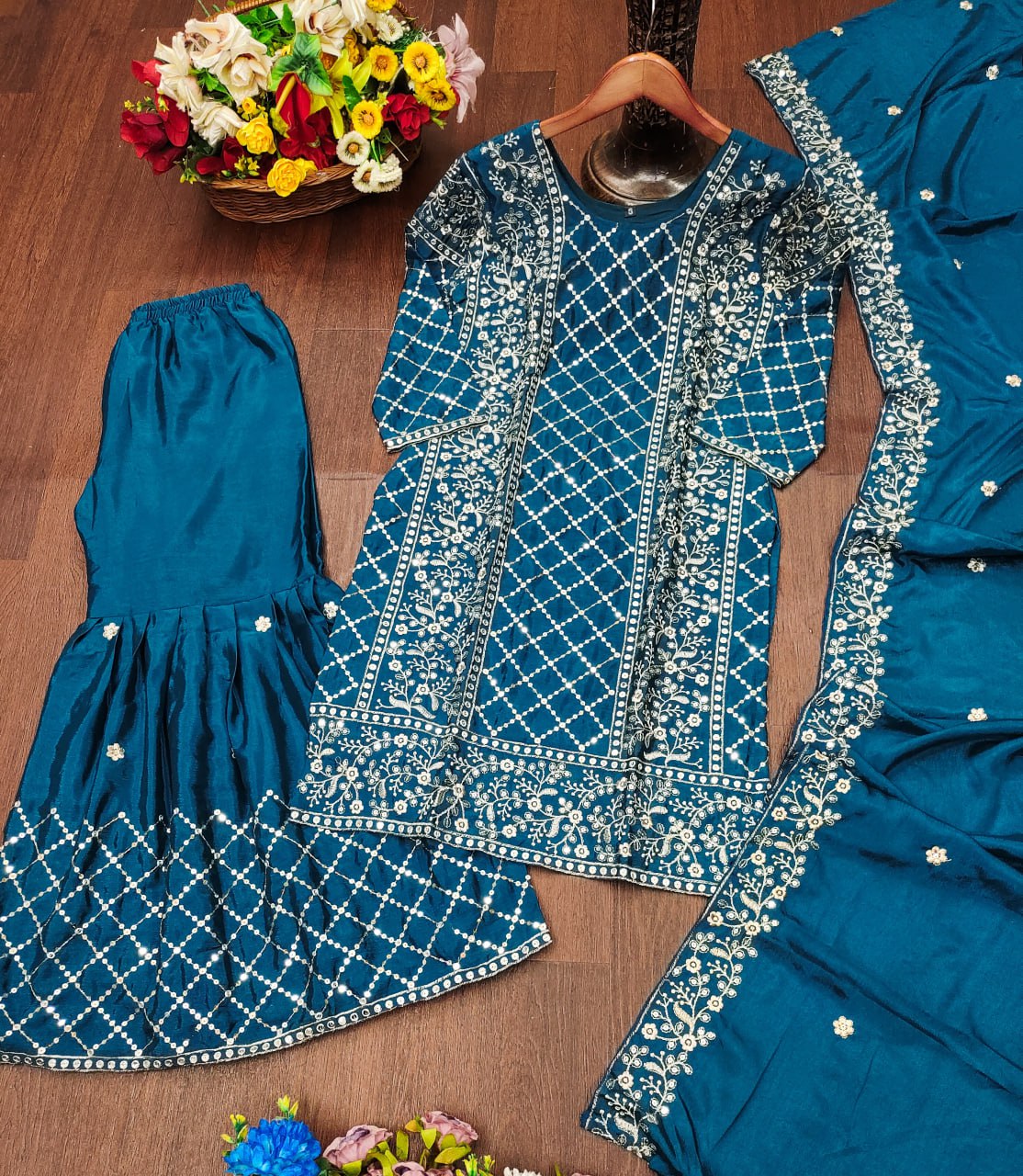 Aqua Blue Chinon Silk Sequence Embroidered Sharara Suit Set