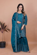 Aqua Blue Chinon Silk Sharara suit with sequence embroidery and matching dupatta