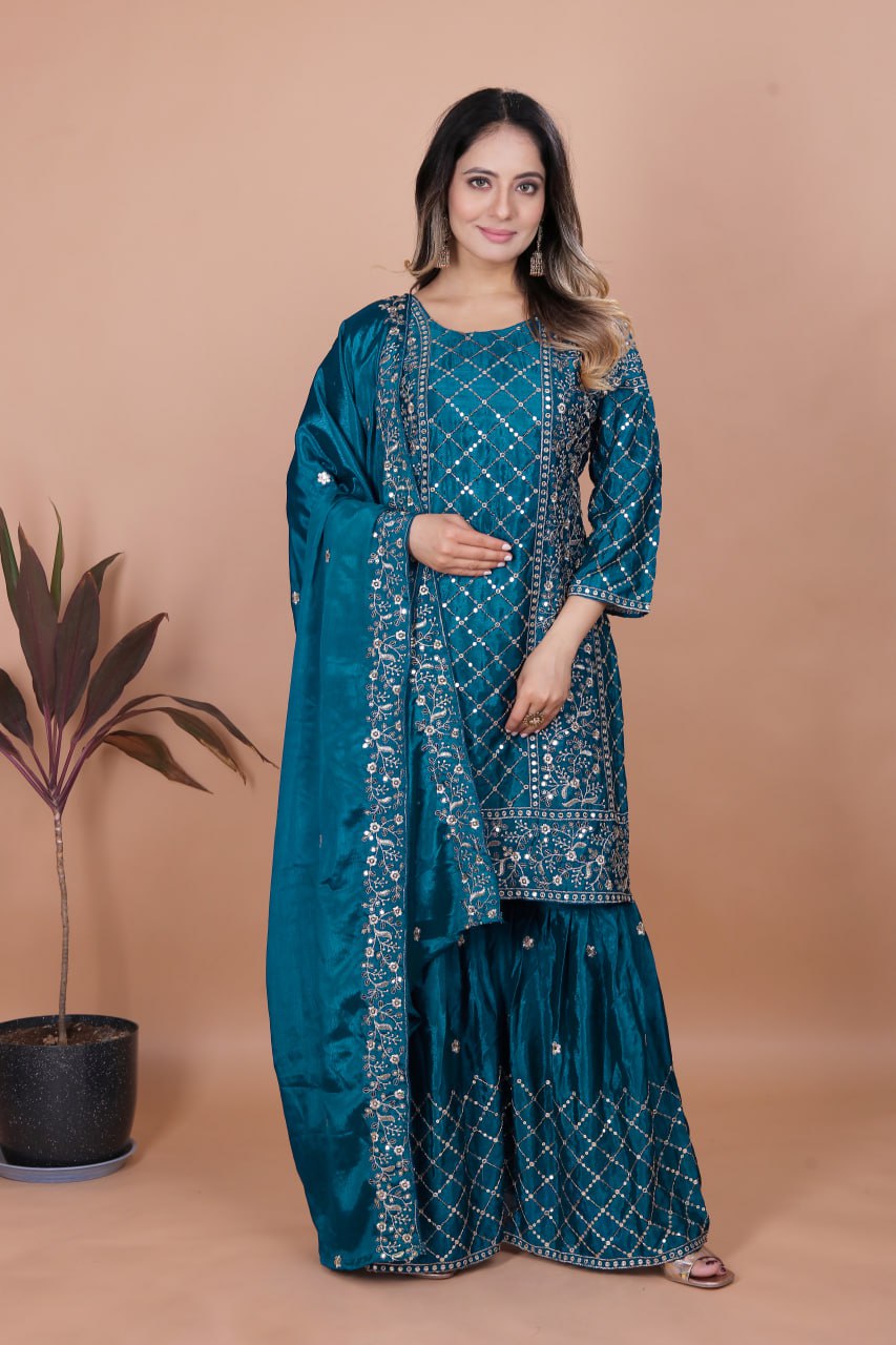 Aqua Blue Chinon Silk Sharara suit with sequence embroidery and matching dupatta