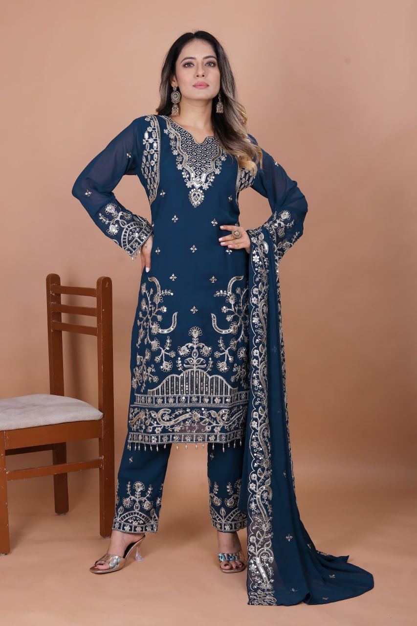 Blue Fox Georgette Salwar Suit with Sequence Embroidery
