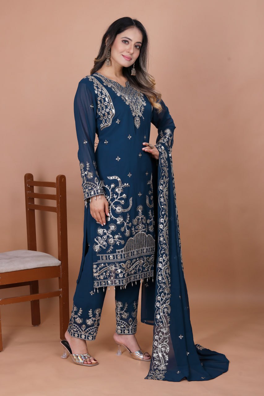 Blue Fox Georgette Salwar Suit with Sequence Embroidery
