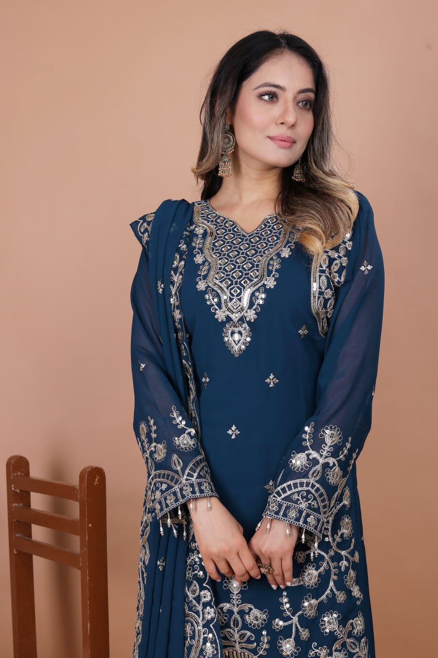 Blue Fox Georgette Salwar Suit with Sequence Embroidery
