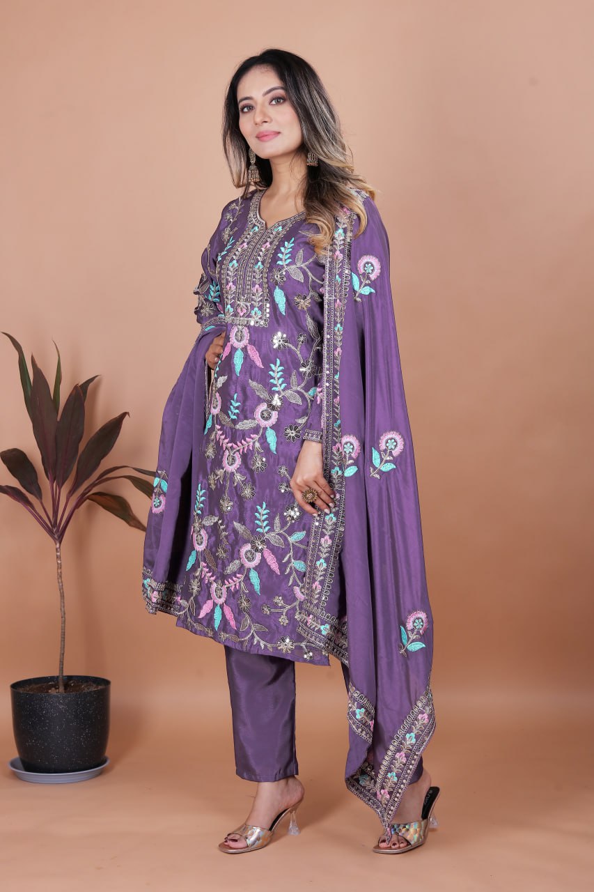 Dark Lavender Chinon Silk Salwar Suit with Sequence Embroidery