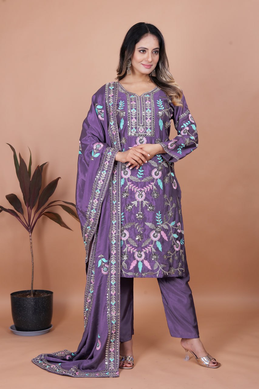 Dark Lavender Chinon Silk Salwar Suit with Sequence Embroidery