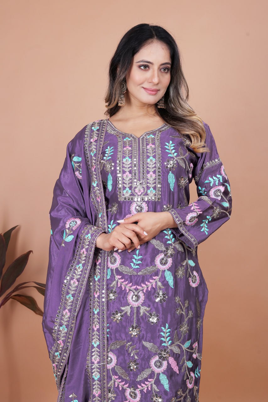 Dark Lavender Chinon Silk Salwar Suit with Sequence Embroidery