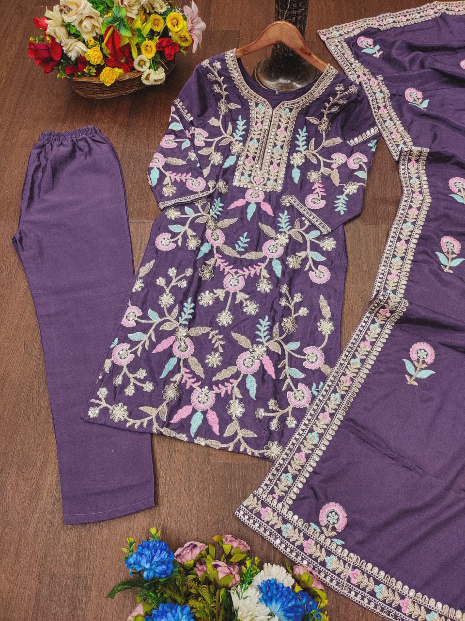 Dark Lavender Chinon Silk Salwar Suit with Sequence Embroidery