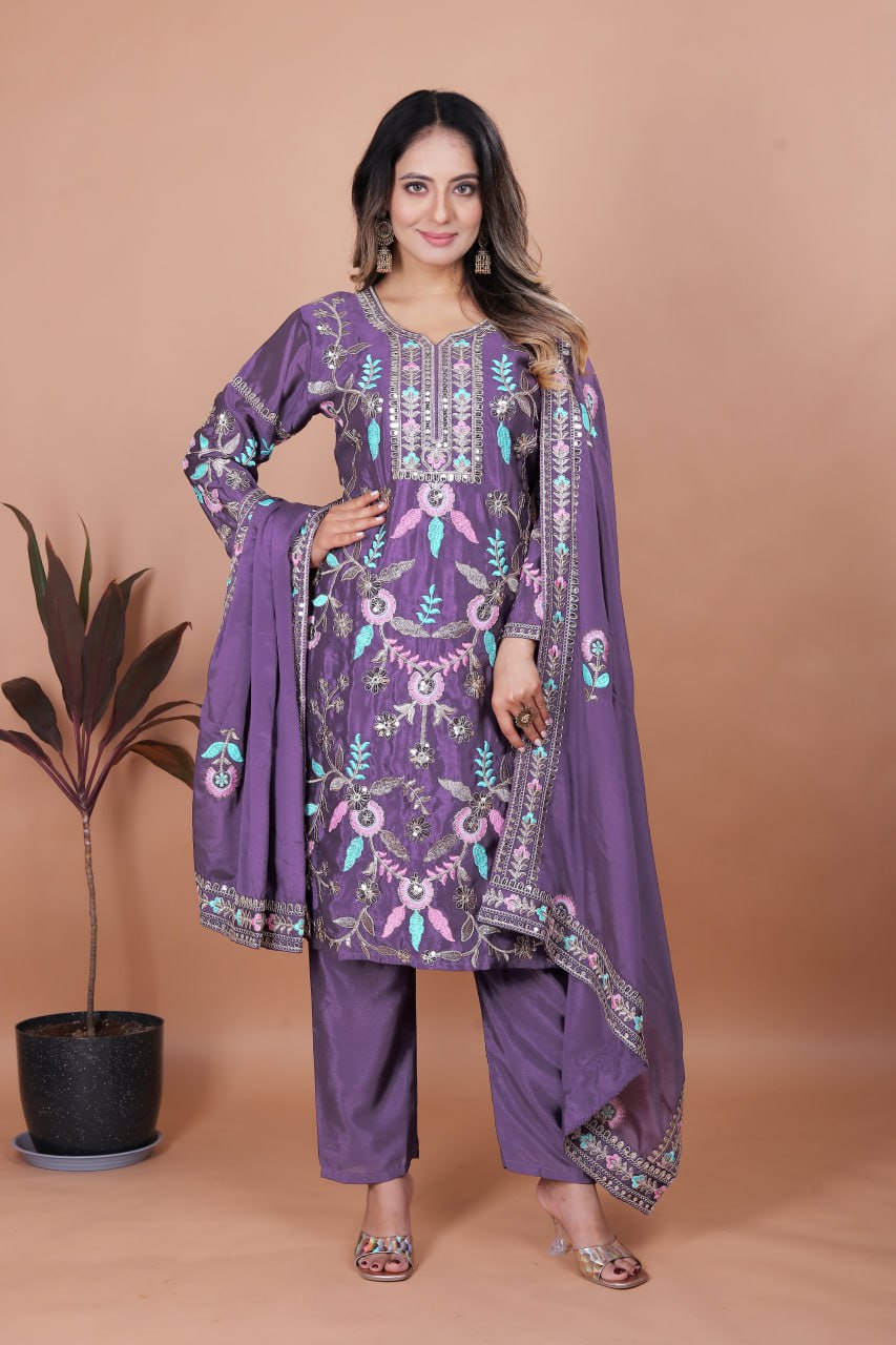 Dark Lavender Chinon Silk salwar suit with detailed coding sequence embroidery