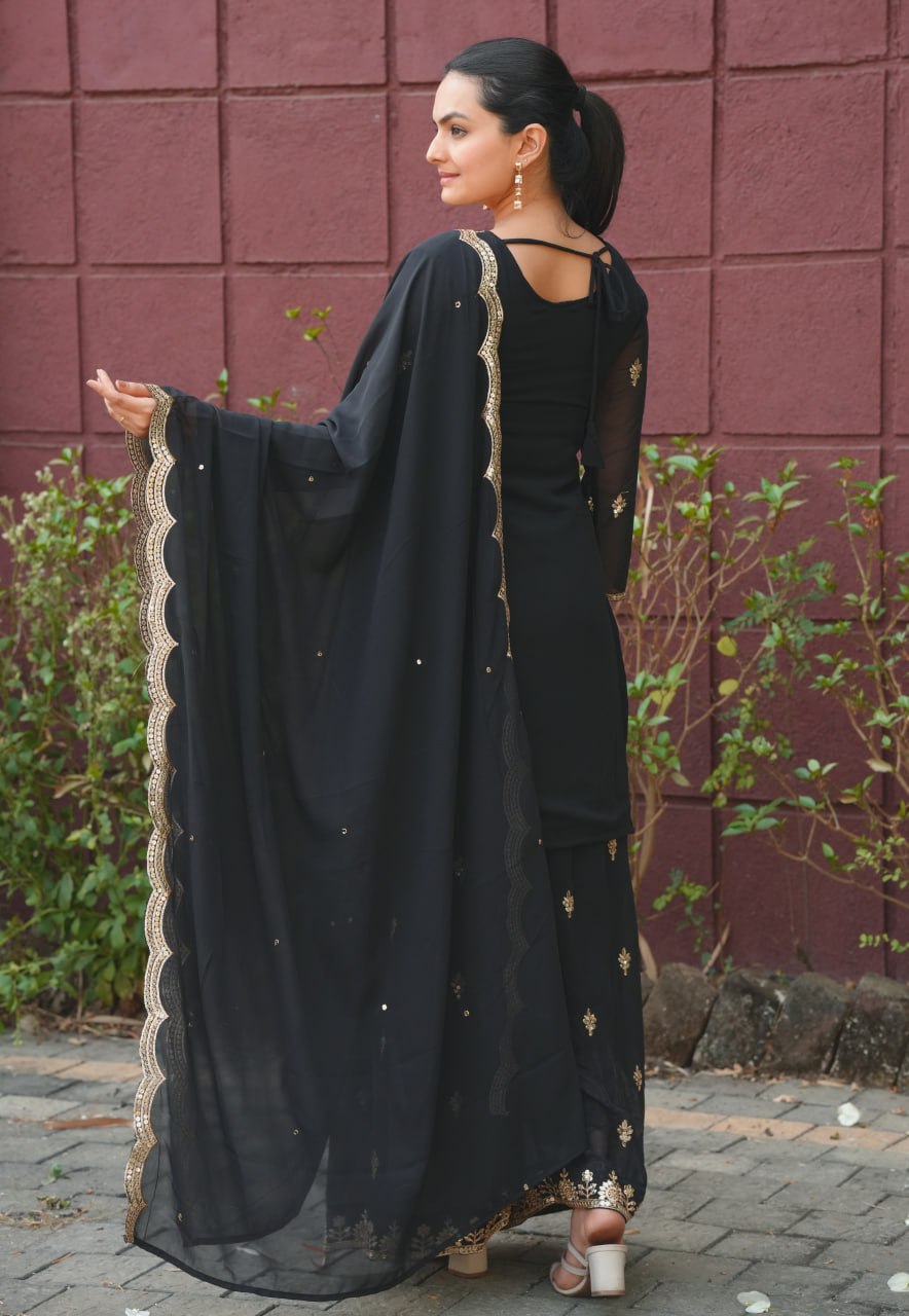 Prazu Fashion Black Georgette Sequence Embroidered Sharara Suit