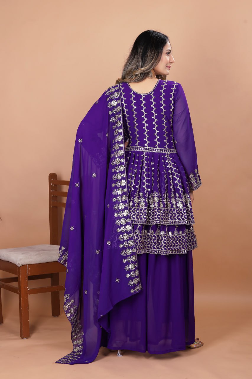 Prazu Fashion Violet Blue Georgette Sequence Embroidered Sharara Suit