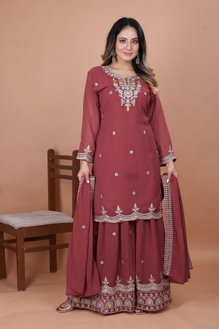 Gajri Red Fox Georgette Embroidered Sharara Suit Set