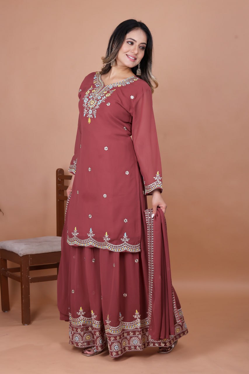 Gajri Red Fox Georgette Embroidered Sharara Suit Set