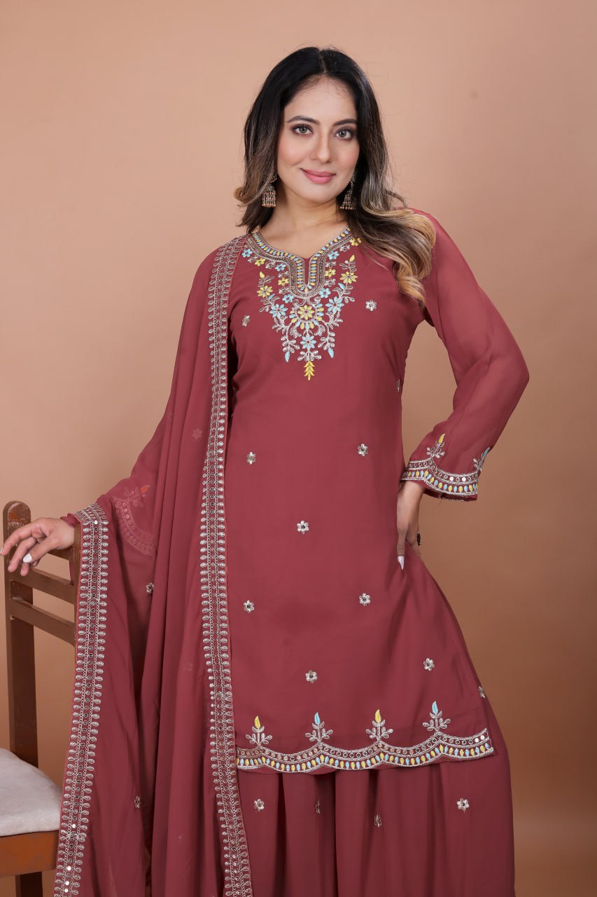 Gajri Red Fox Georgette Embroidered Sharara Suit Set