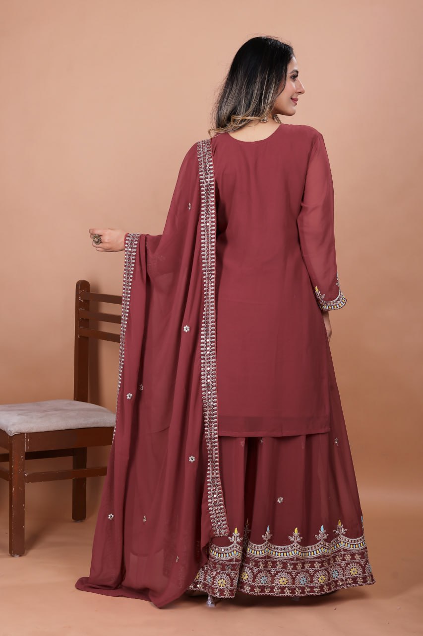 Gajri Red Fox Georgette Embroidered Sharara Suit Set