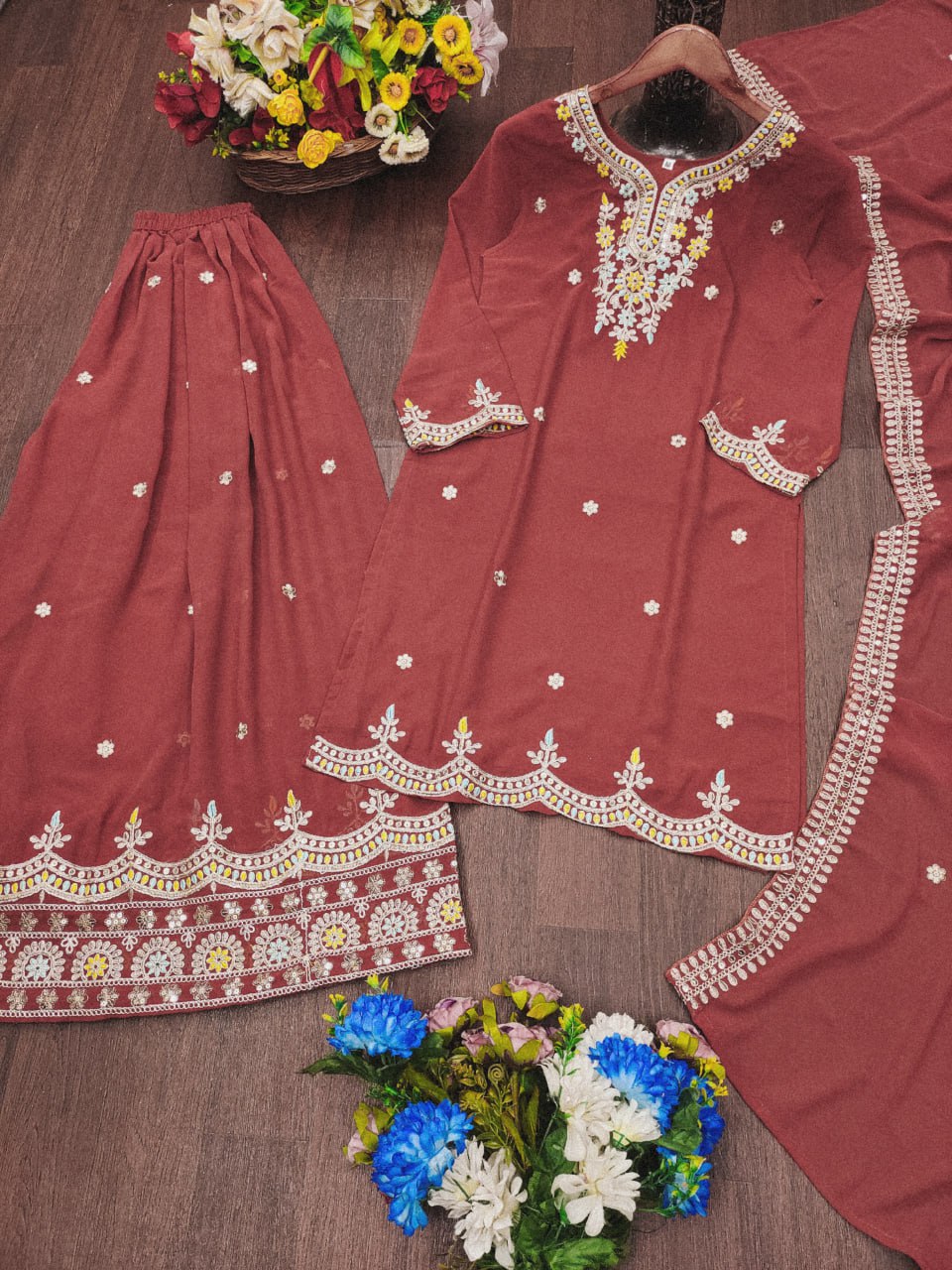 Gajri Red Fox Georgette Embroidered Sharara Suit Set