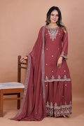 Gajri Red Fox Georgette sharara suit with intricate coding sequence embroidery.