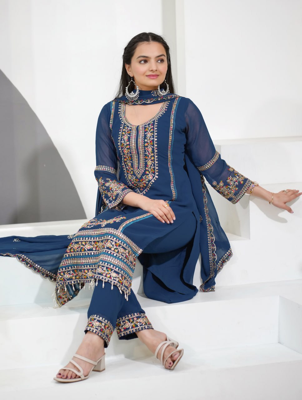 Blue Georgette Sequence Embroidered Salwar Suit with GPO Lace