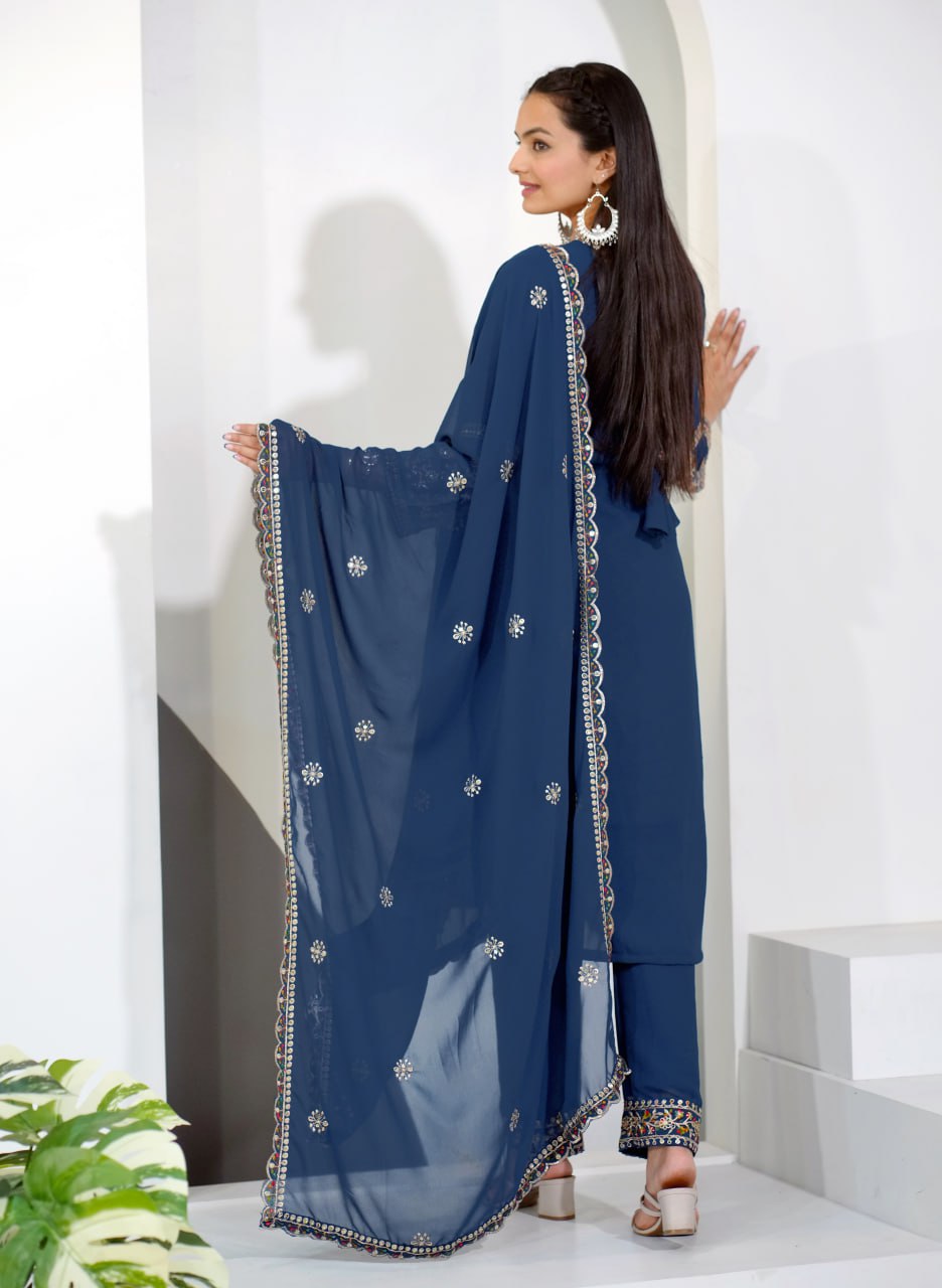 Blue Georgette Sequence Embroidered Salwar Suit with GPO Lace