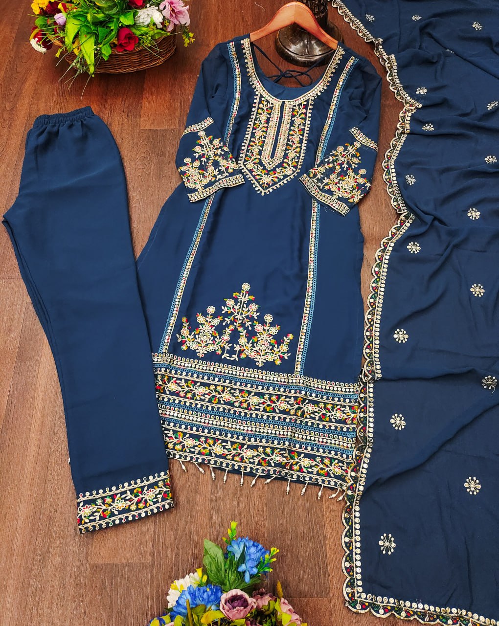 Blue Georgette Sequence Embroidered Salwar Suit with GPO Lace