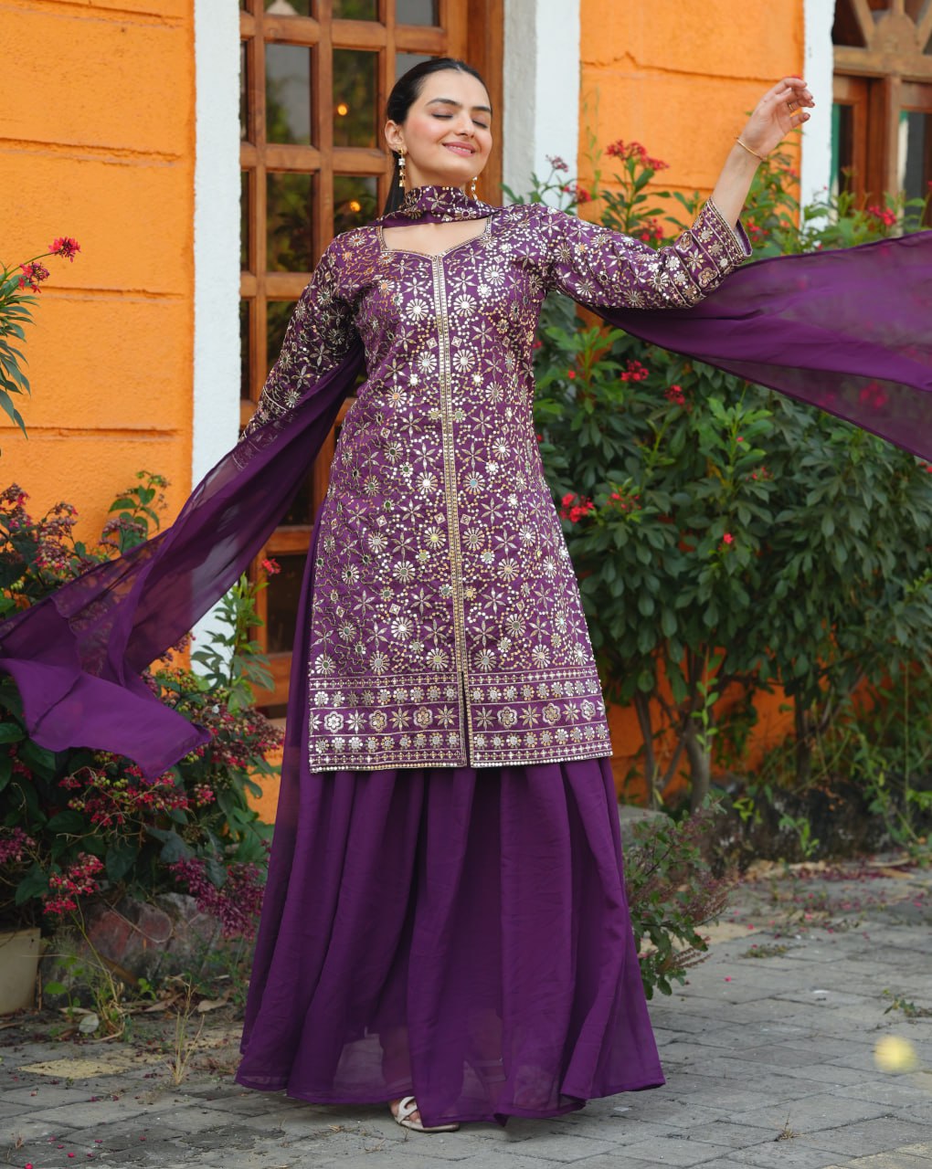 Purple Tapeta Silk Embroidered Mirror Work Sharara Suit Set