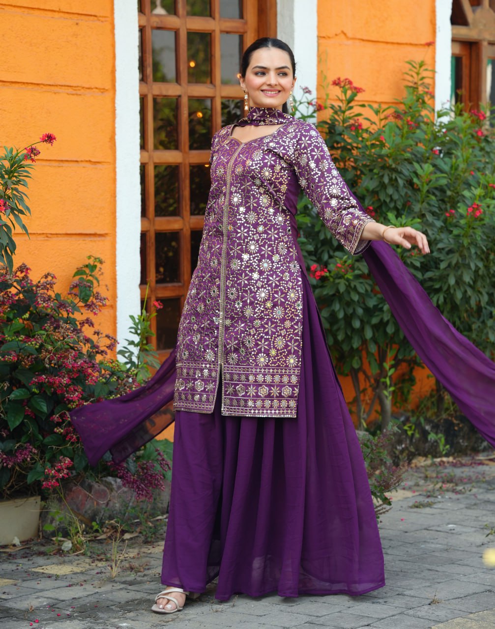 Purple Tapeta Silk Embroidered Mirror Work Sharara Suit Set