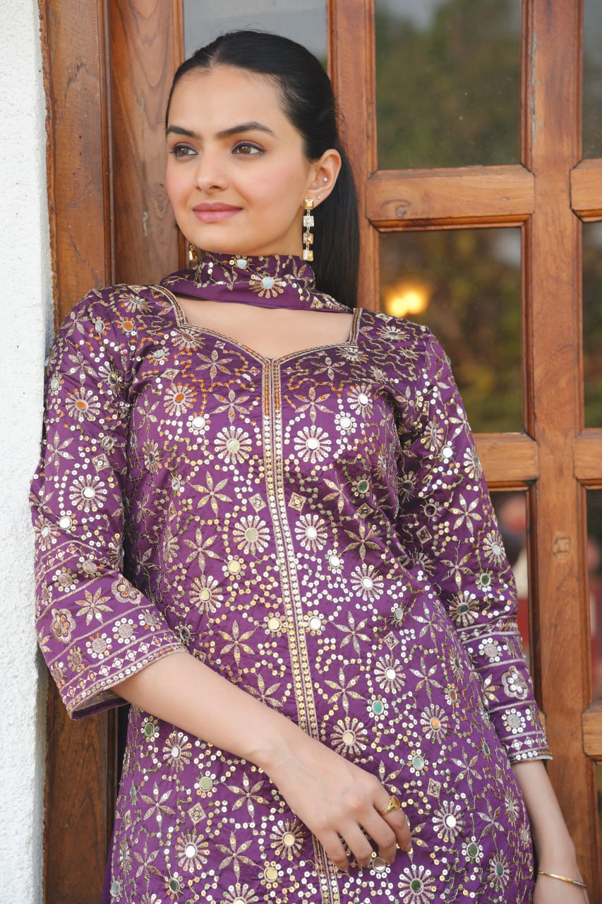 Purple Tapeta Silk Embroidered Mirror Work Sharara Suit Set