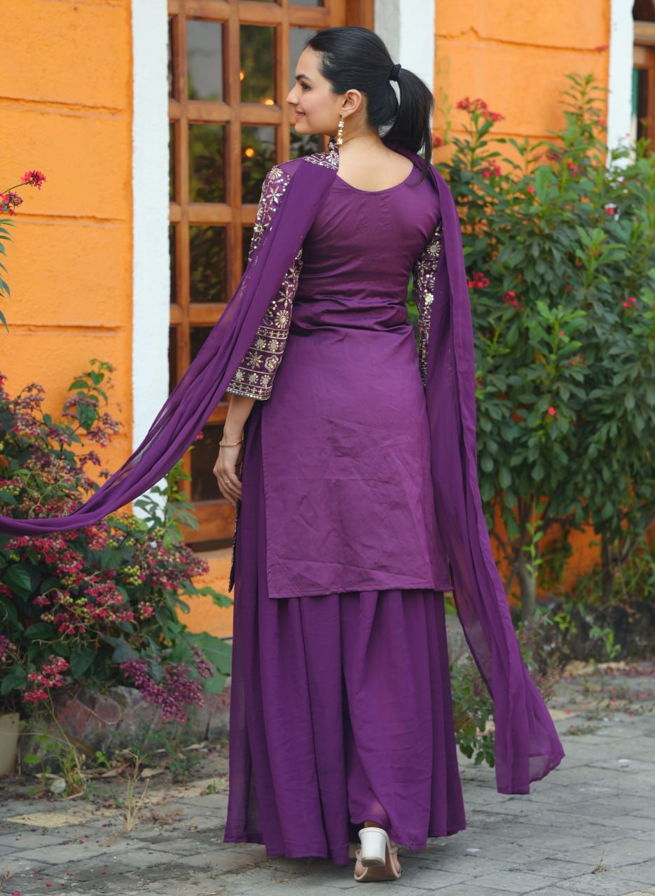 Purple Tapeta Silk Embroidered Mirror Work Sharara Suit Set