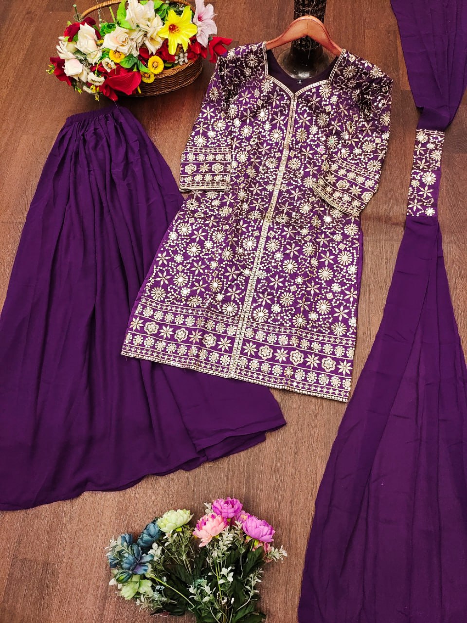 Purple Tapeta Silk Embroidered Mirror Work Sharara Suit Set