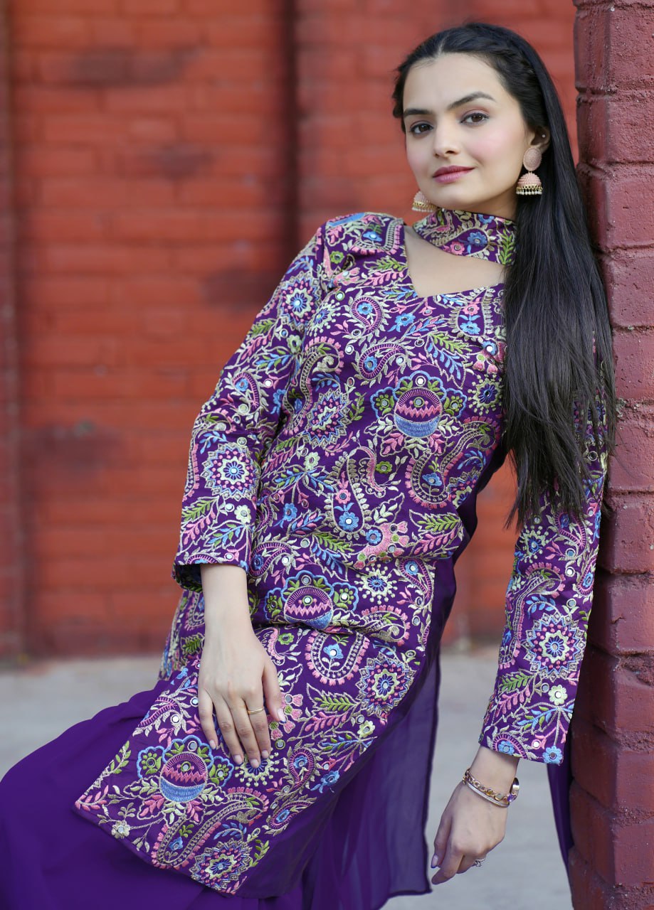 Violet Tapeta Silk Embroidered Sharara Suit with Mirror Work