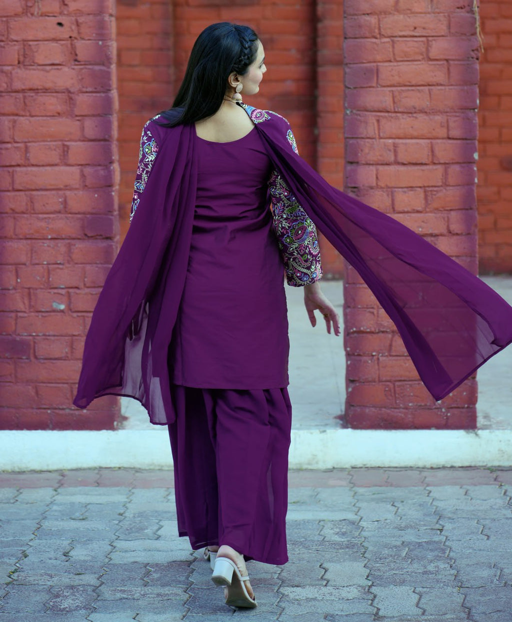 Prazu Fashion Wine Tapeta Silk With Fusing Embroidered Sharara Suit