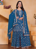 Blue Georgette Sharara Suit with Sequin and Thread Embroidery
